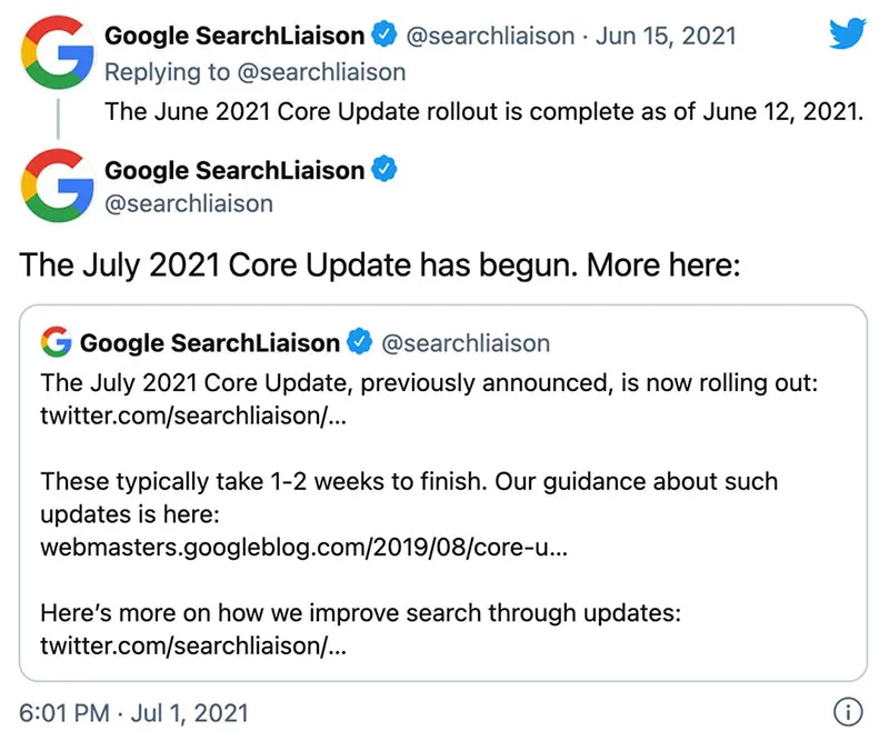 Anúncio da atualização de julho de 2021 do Google no tweeter