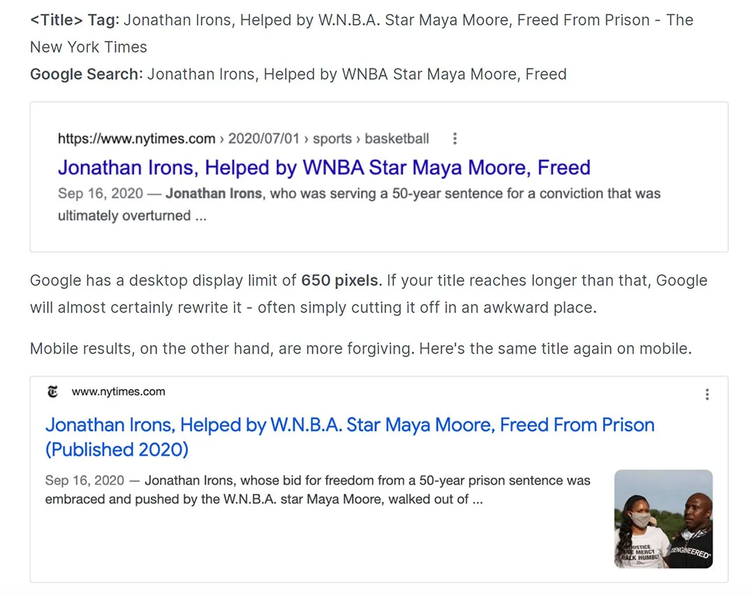 A tag Nytimes Title faz ajustes pelo Google