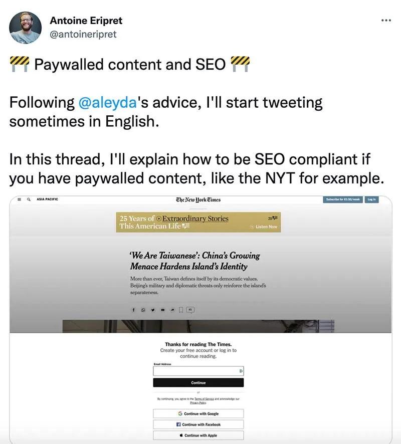 Conteúdo de tópico/guia do Twitter que está por trás de um acesso pago