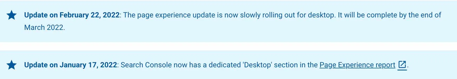 Cronograma para trazer a classificação da experiência da página para o desktop