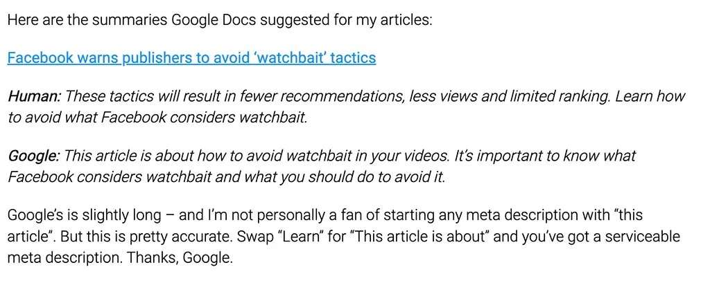O Google Docs pode escrever suas meta descrições
