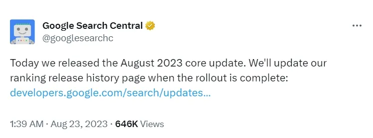 página de histórico de classificação do Google