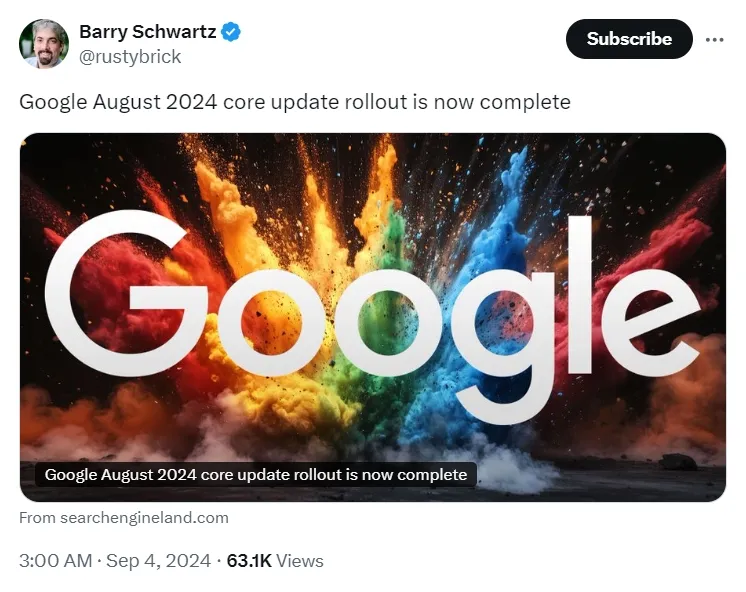 Lançamento da atualização principal de agosto de 2024