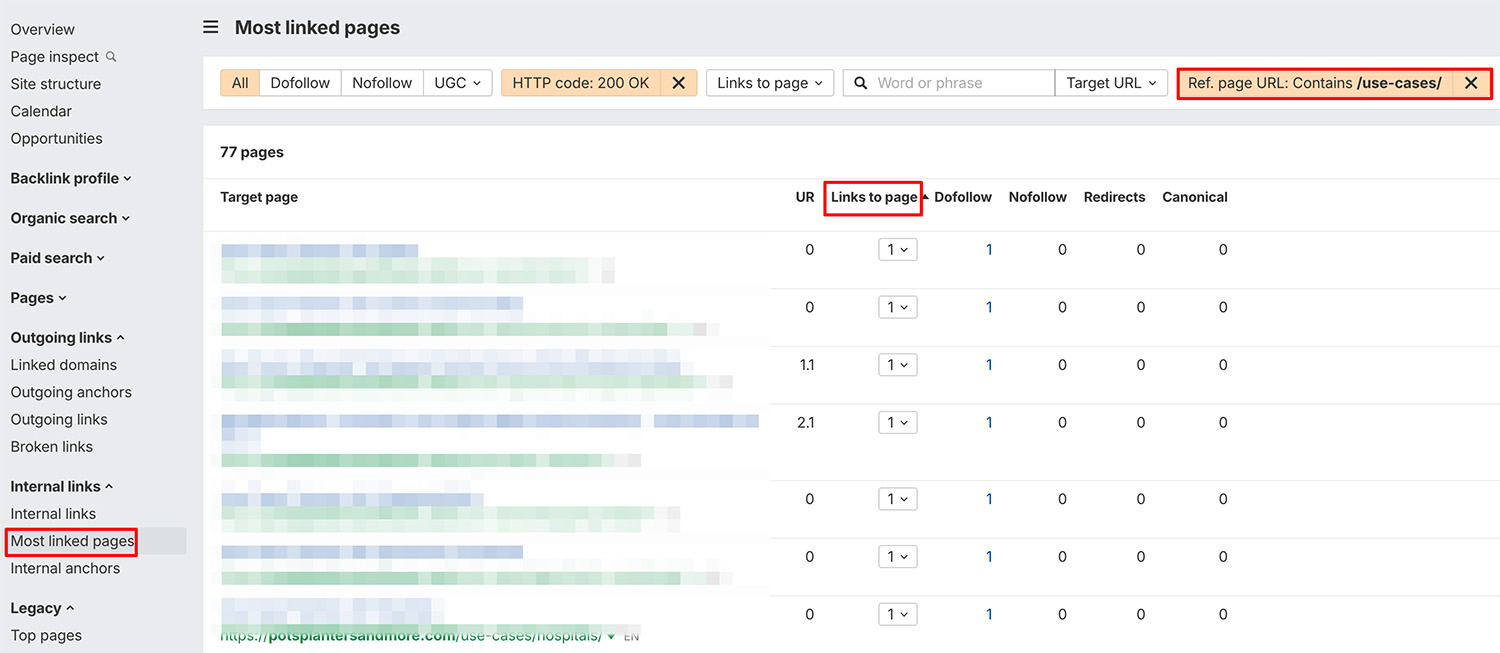 Ahrefs site explorer internal li nks tatus code