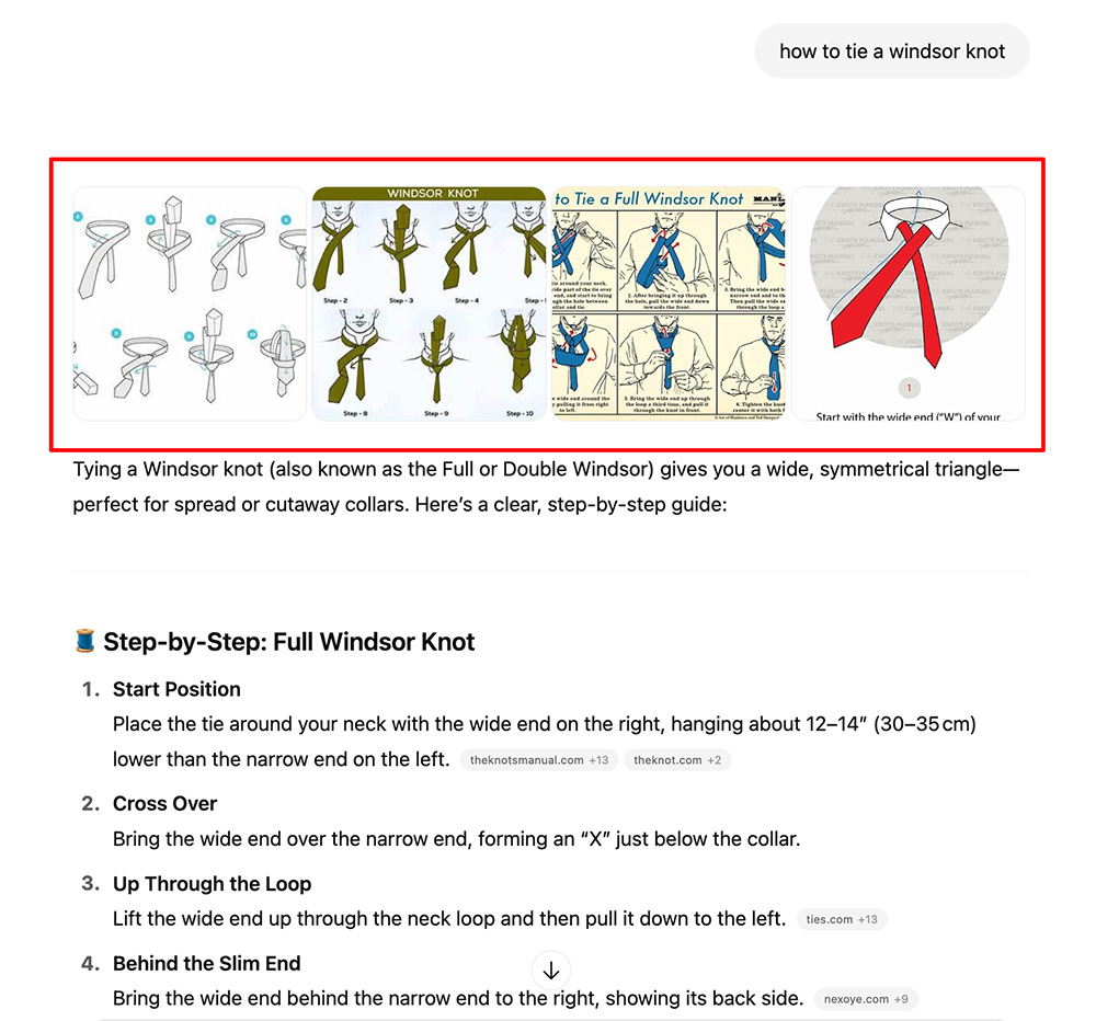 GPT surfaces both images and text for queries like how to tie a windsor knot