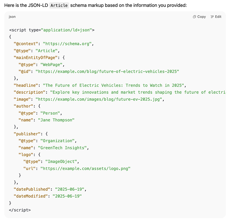 example of ChatGPT-generated Article markup
