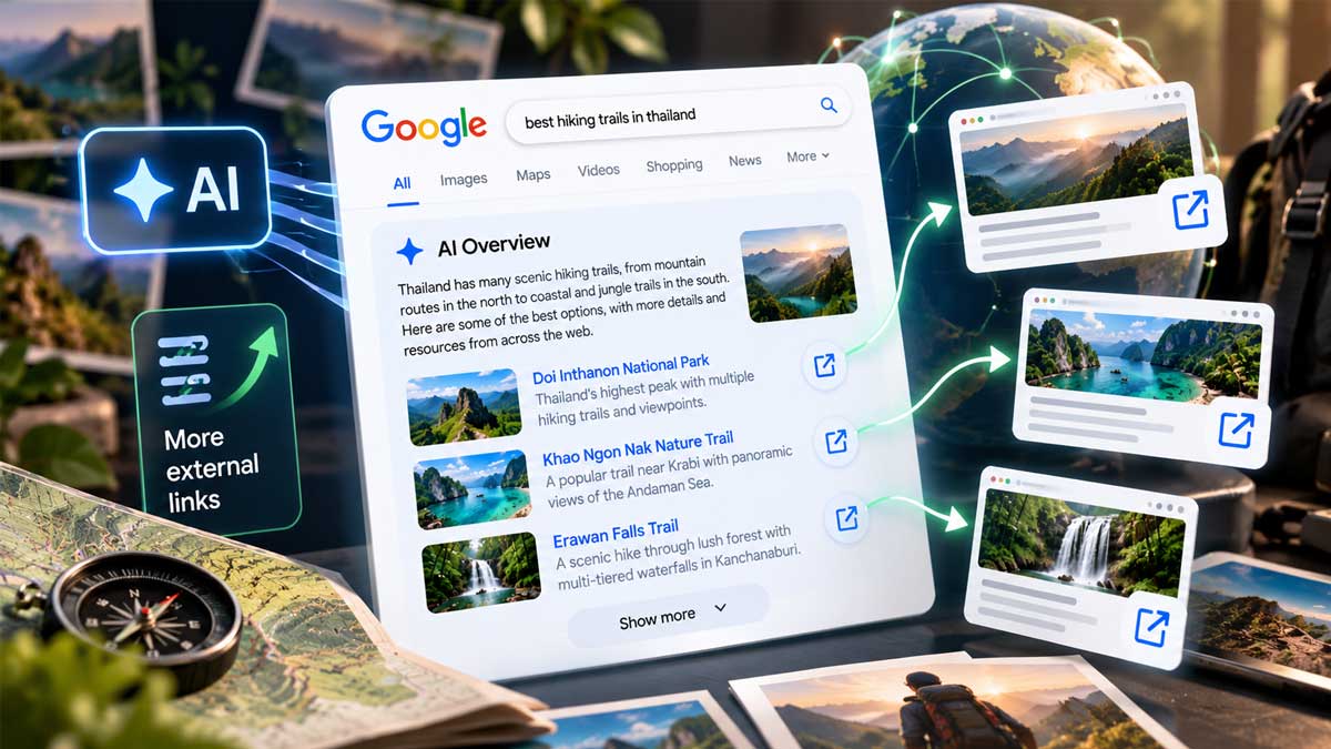 Google AI Overviews displaying additional external links to websites, helping users discover more sources directly from AI-generated search results